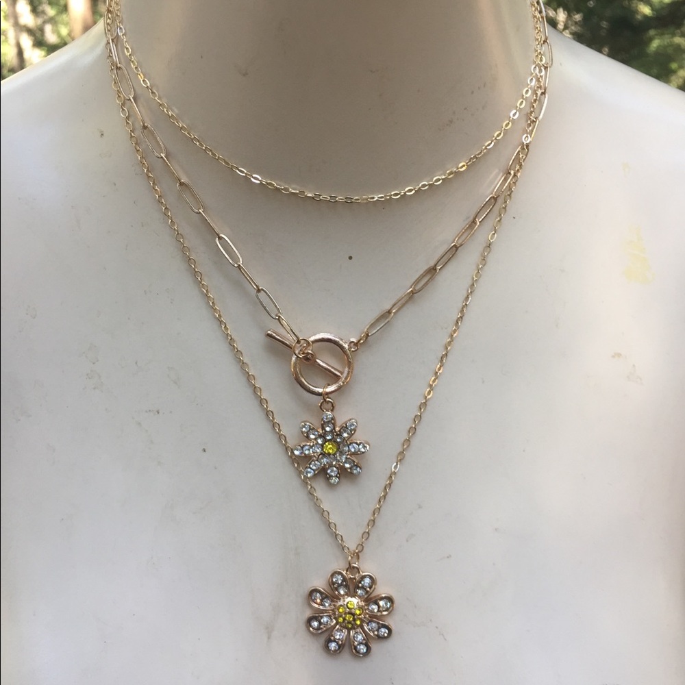 Rhinestone daisy on gold 3 swag lariat necklace/bracket - Picture 3 of 6